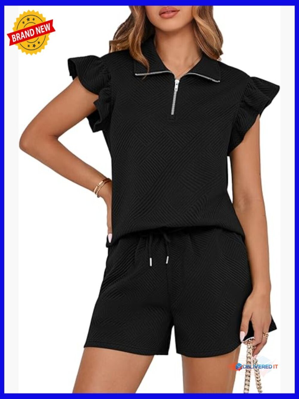 Womens 2 Piece Lounge Set Zipper V Neck Ruffle Cap Sleeve Top Shorts